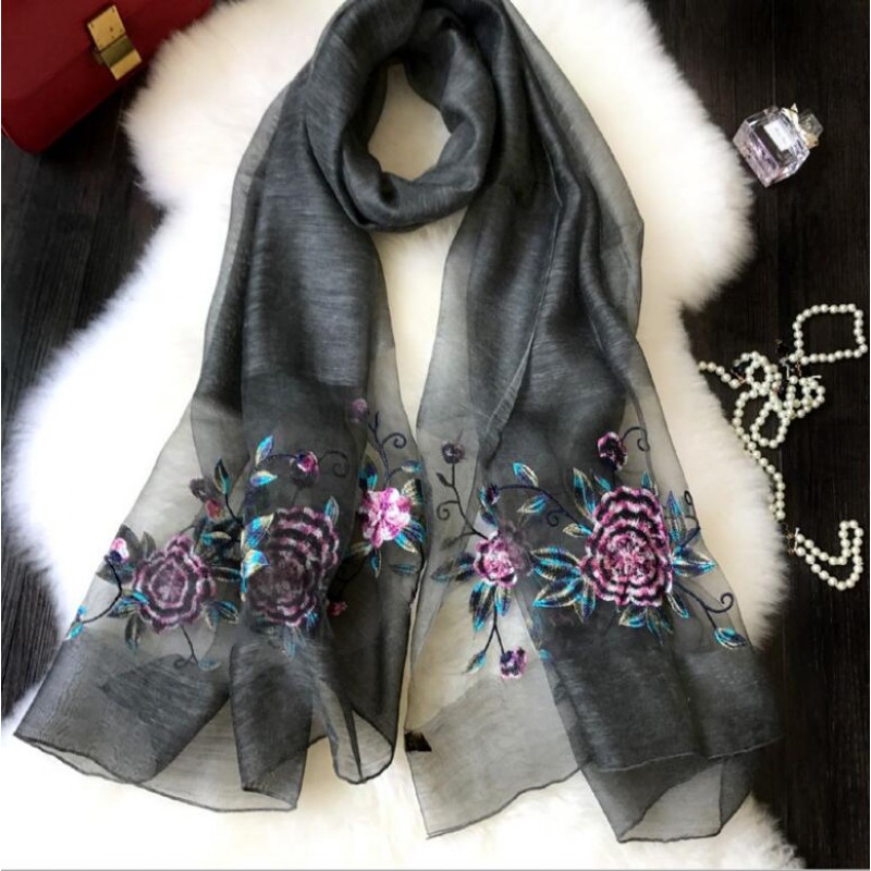 Wool Silk Scaves Black Embroidery Women Summer Scarf